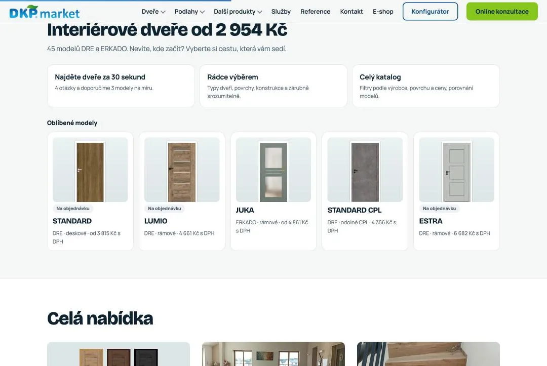 Sekce interiérové dveře s průvodcem výběrem a oblíbenými modely